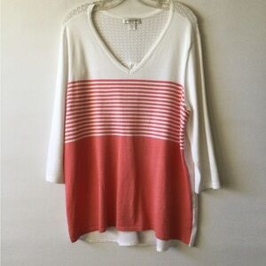 Christopher & Banks 3/4” inch sleeve White and Coral Striped V-Neck Sweater